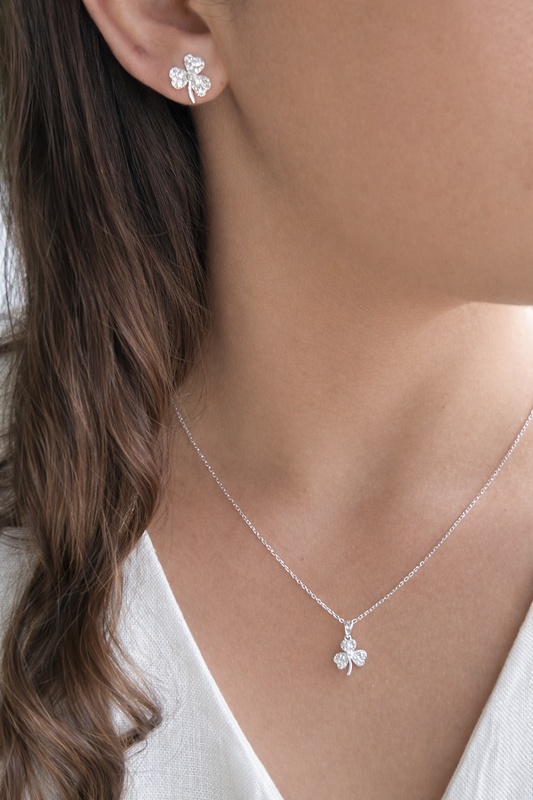 Conjunto trébol con circones en plata italiana 925