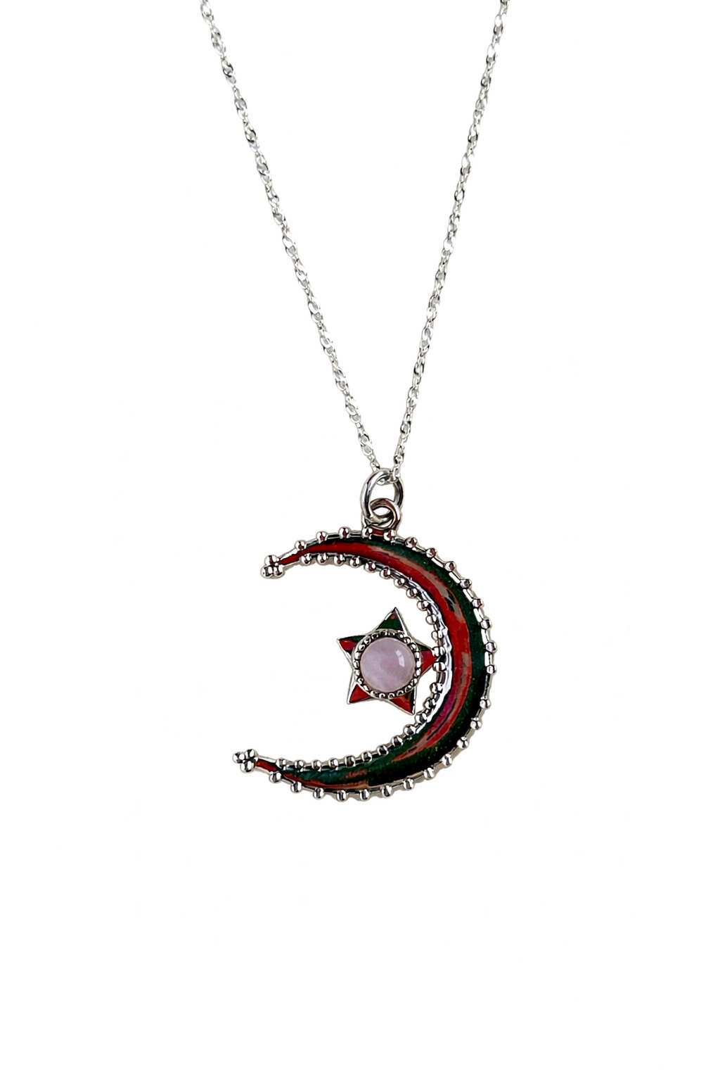 Collar Media Luna con Cuarzo Rosado en Plata Fina 925
