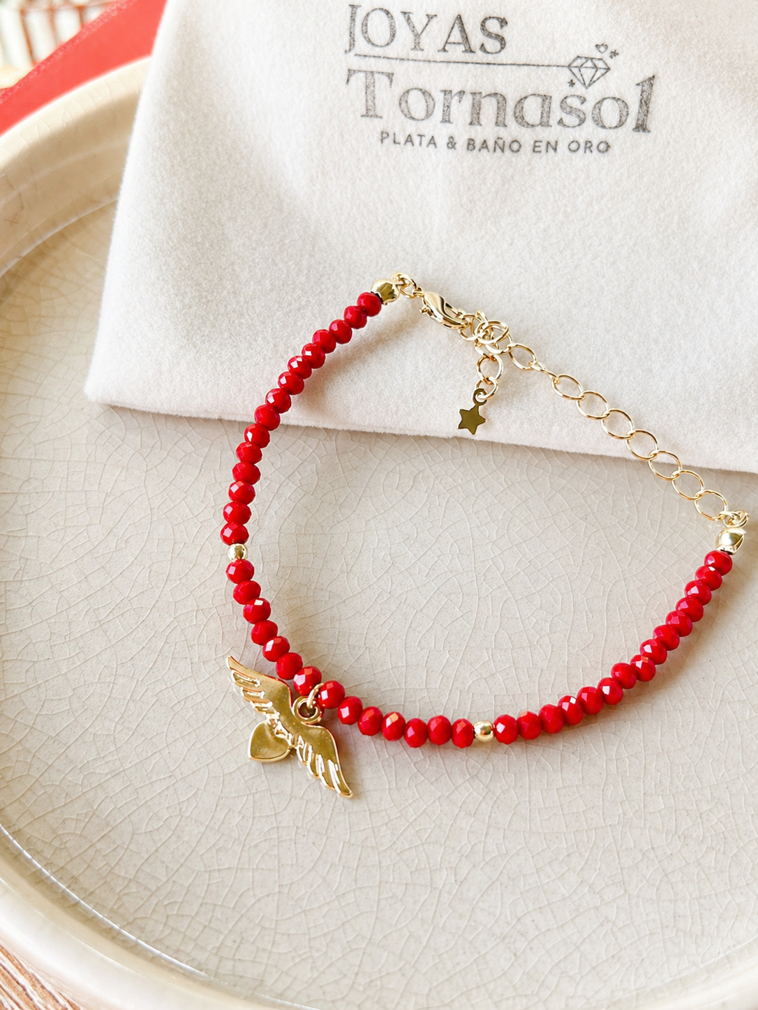 Pulsera Cristales Facetados Corazón Alas