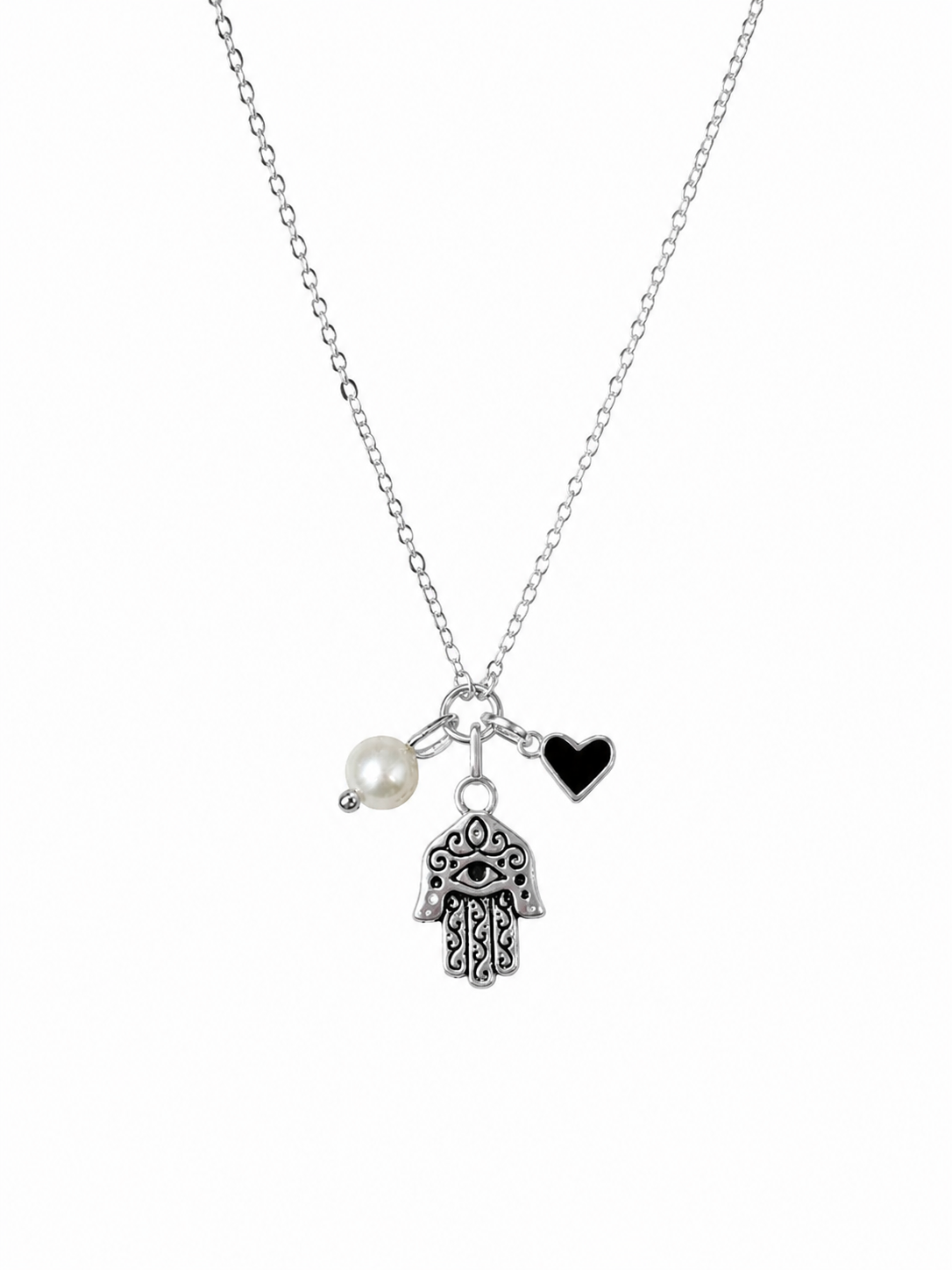 Collar Amuleto Mano de Fátima, Corazón y Perla, Plata Fina 925